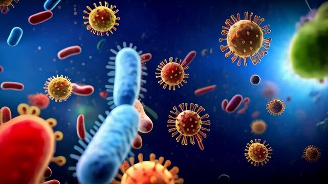 Microscopic view of various bacteria cells and viruses in blue environment, pathogen microorganisms and germs close-up.