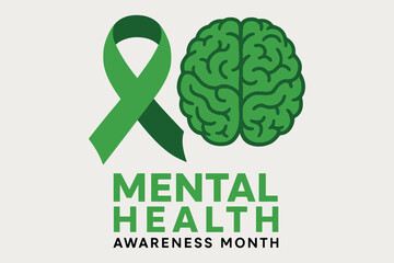 Mental health awareness month green ribbon brain illustration