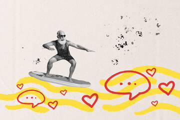 3D collage poster template trend artwork sketch of aged man balance surfboard message like influencer share follow media notification