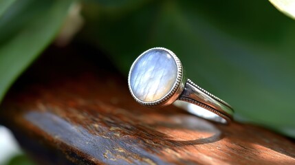 Fototapeta premium Vintage silver ring with moonstone, wooden background, greenery