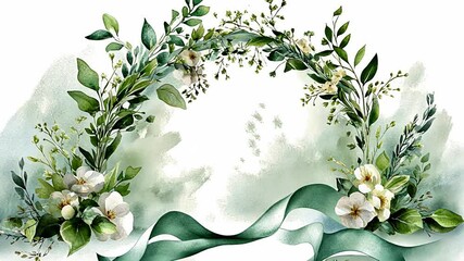 Elegant floral watercolor wreath with greenery and blooming flowers - Powered by Adobe