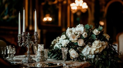 Elegant wedding centerpiece in ornate palace dining room