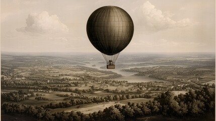 Vintage hot air balloon over valley landscape