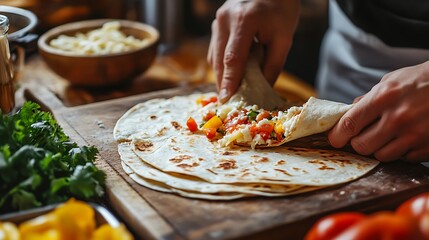 Process of making mexican quesadillas with cheese and vegetables