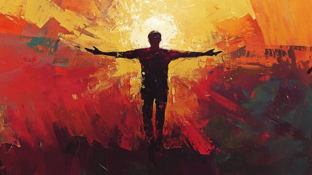 A figure with outstretched arms against a backdrop of vibrant colors.