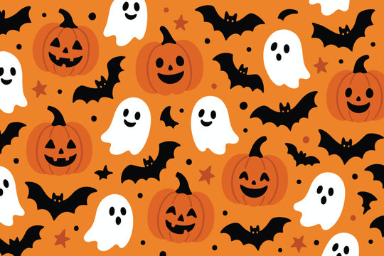 Happy halloween pattern pumpkins ghosts bats stars