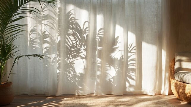 Tropical plant shadows on white cotton curtain .