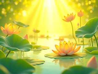 Obraz premium Summer lotus lotus leaf cartoon small fresh national wind minor summer solar term illustration