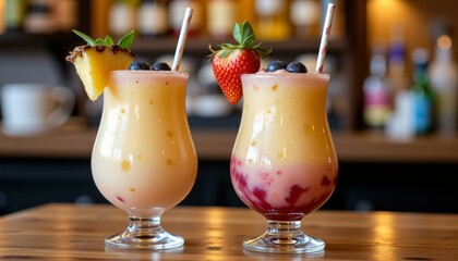 Two Delicious Tropical Fruit Smoothies with Pineapple Strawberry Blueberry Garnish