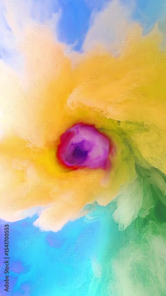 Poster A dynamic cloud of colored smoke swirls into a vortex. Bright yellow tones contrast with cool blue swirls. Smooth gradients emphasize the lightness of the forms
