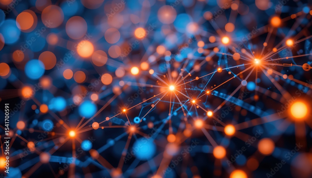 Poster abstract network tech data connections with orange, blue glowing dots, lines. artificial intelligenc