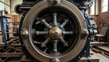Vintage Industrial Machine Wheel Close up Detailed Rusty Metal Gear Mechanism