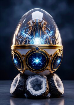 Sci-fi concept of an alien power source: a creature generates electrical energy inside an ornate golden egg on a geode crystal stand.