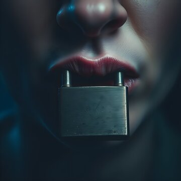 Person with Lips Locked by a Metal Padlock
Description: A padlock clamping shut a pair of lips &mdash; visual metaphor for silenced voices.