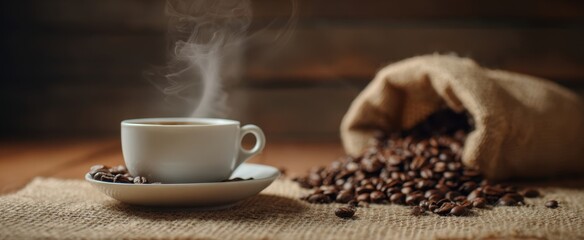 The steaming cup of coffee with fresh roasted beans displayed beautifully.