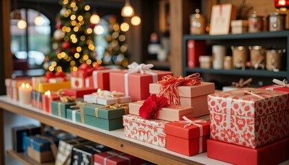 Festive Christmas Gift Boxes Presents Wrapped in Red and Pink Holiday Season Shopping