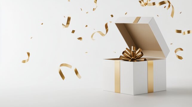Elegant white gift box with gold ribbon and bow, surrounded by floating confetti