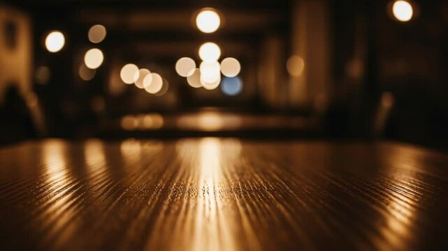 Close Up of Varnished Wood Table in Dimly Lit Restaurant with Blurred Background creating a Cozy and Warm Atmosphere Optimized for Adobe Stock Photo