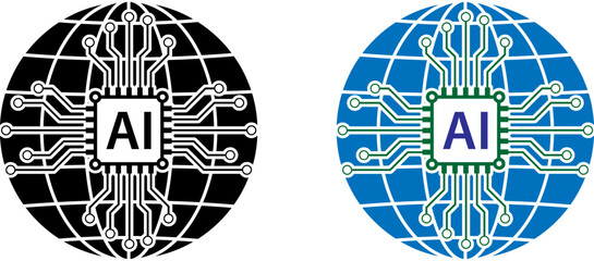 AI symbol on black and blue globe with technology theme