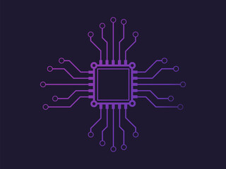 Computer processor chip with circuit lines on dark background