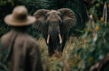 A majestic elephant stands in the African savannah. The focus is on the elephant's expressive face. In the foreground, a solitary human figurepossibly a hunter or tourist. Generative AI. 