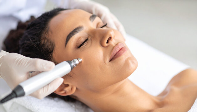 A woman getting skincare treatment at a beauty salon. The person being treated appears relaxed while a technician performs a procedure