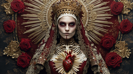 Obraz premium Gothic queen figure with hollow eyes, pale makeup, wearing ornate red/gold attire, crown, roses. Features exposed ribcage and anatomical heart. Dark religious iconography.