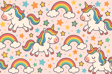 Cute rainbow unicorns and stars pattern background