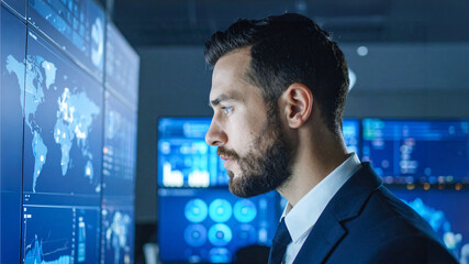 An professional man intently examines a futuristic digital display, analyzing data