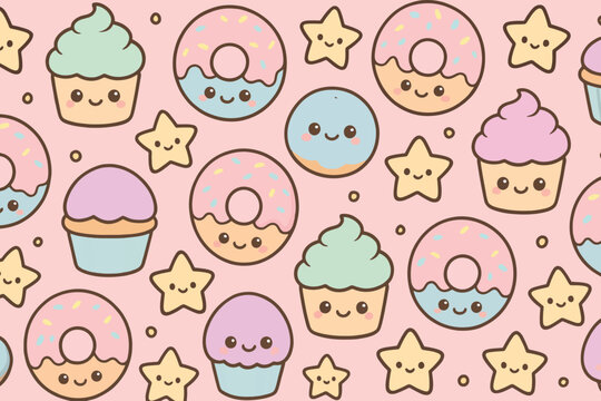 Cute kawaii donuts cupcakes and stars pattern