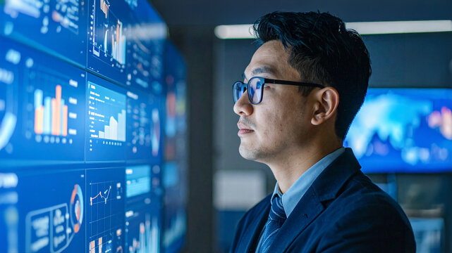 An Asian man with glasses looking intently at a data wall of financial and technical information. He is dressed in a dark suit and appears focused and analytical.
