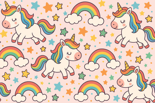 Cute rainbow unicorns and stars pattern background