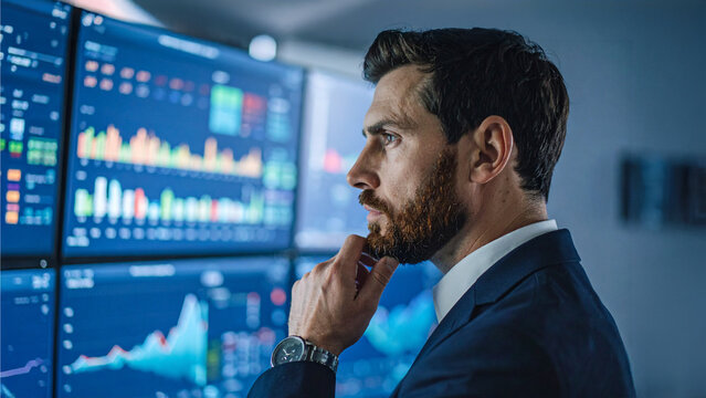 A focused man analyzing financial data on multiple monitors. He appears to be deep in thought, possibly reviewing market trends or making strategic decisions