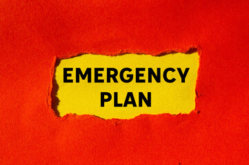 Emergency plan message written on ripped torn red paper on yellow background. Conceptual emergency...