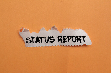Status report message written on ripped torn newspaper piece on orange background. Conceptual...