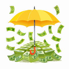 A yellow umbrella protecting a large pile of money from falling currency.