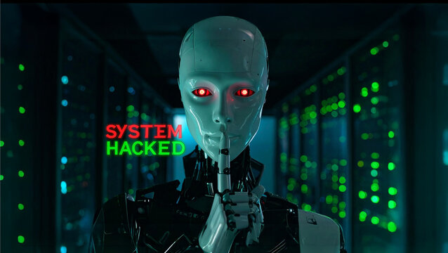 A humanoid robot in a server room, displaying "SYSTEM HACKED"