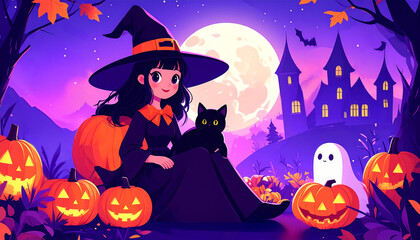 A charming cartoon witch sitting among pumpkins with a cat, haunted house and full moon at Halloween