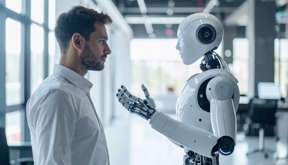 Man interacting with a humanoid robot in a modern office setting.  The man appears thoughtful as he interacts with the advanced technology.