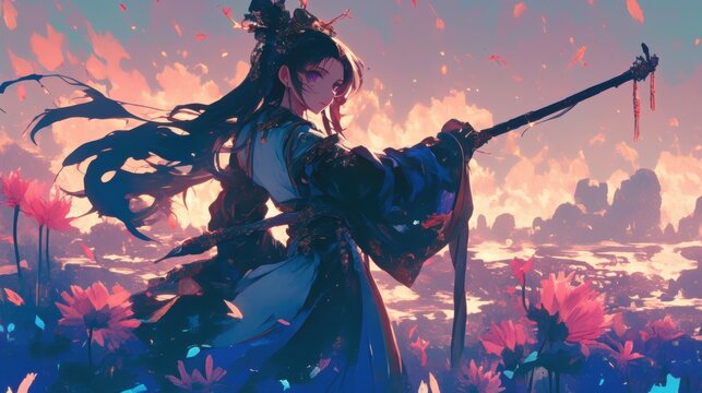 A warrior in traditional attire wields a staff amidst a serene, flower-filled landscape under a vibrant sky.