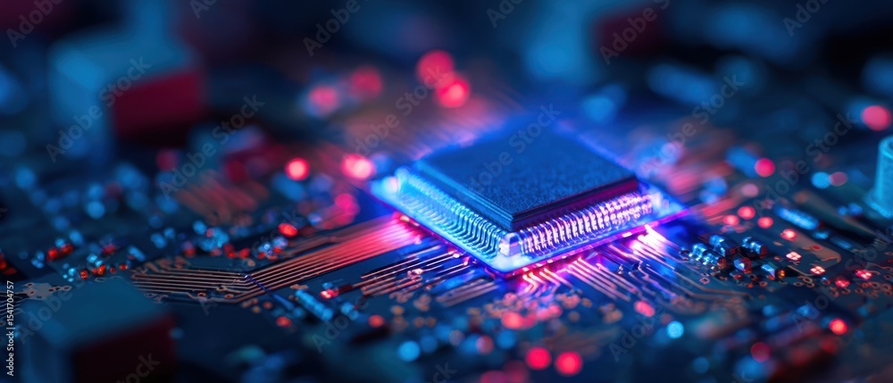 Poster the microchip illuminated on a high-tech circuit board in a digital environment