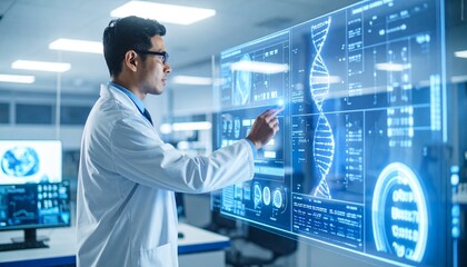 A scientist examines a DNA sequence on a futuristic touchscreen interface in a high-tech laboratory. The scene embodies the advancement of scientific research.