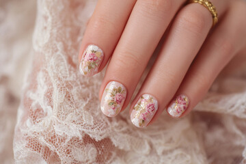 Elegant floral nail art showcasing intricate designs on delicate lace background