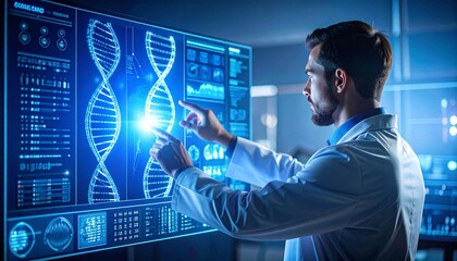 Scientist analyzing the DNA strand displayed on a touch screen in laboratory setting. His face reflects a deep concentration while he studies genetic information, in front of technological equipment