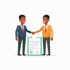 Obraz premium Two businessmen shaking hands in front of a signed contract, symbolizing agreement and partnership.