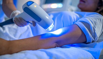 A medical professional performing a laser hair removal procedure on a patient's arm