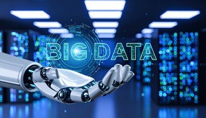 Big Data concept with robotic arm holding digital sphere in a server room. Futuristic technology and the data.