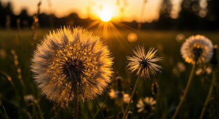 Dandelion seed heads in a meadow at sunset