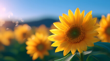 Obraz premium Blooming sunflower field in golden morning sunlight