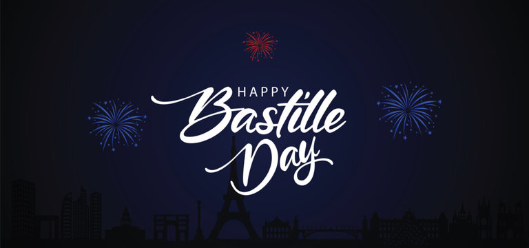 Bastille Day 14 July cityscape with fireworks vector poster